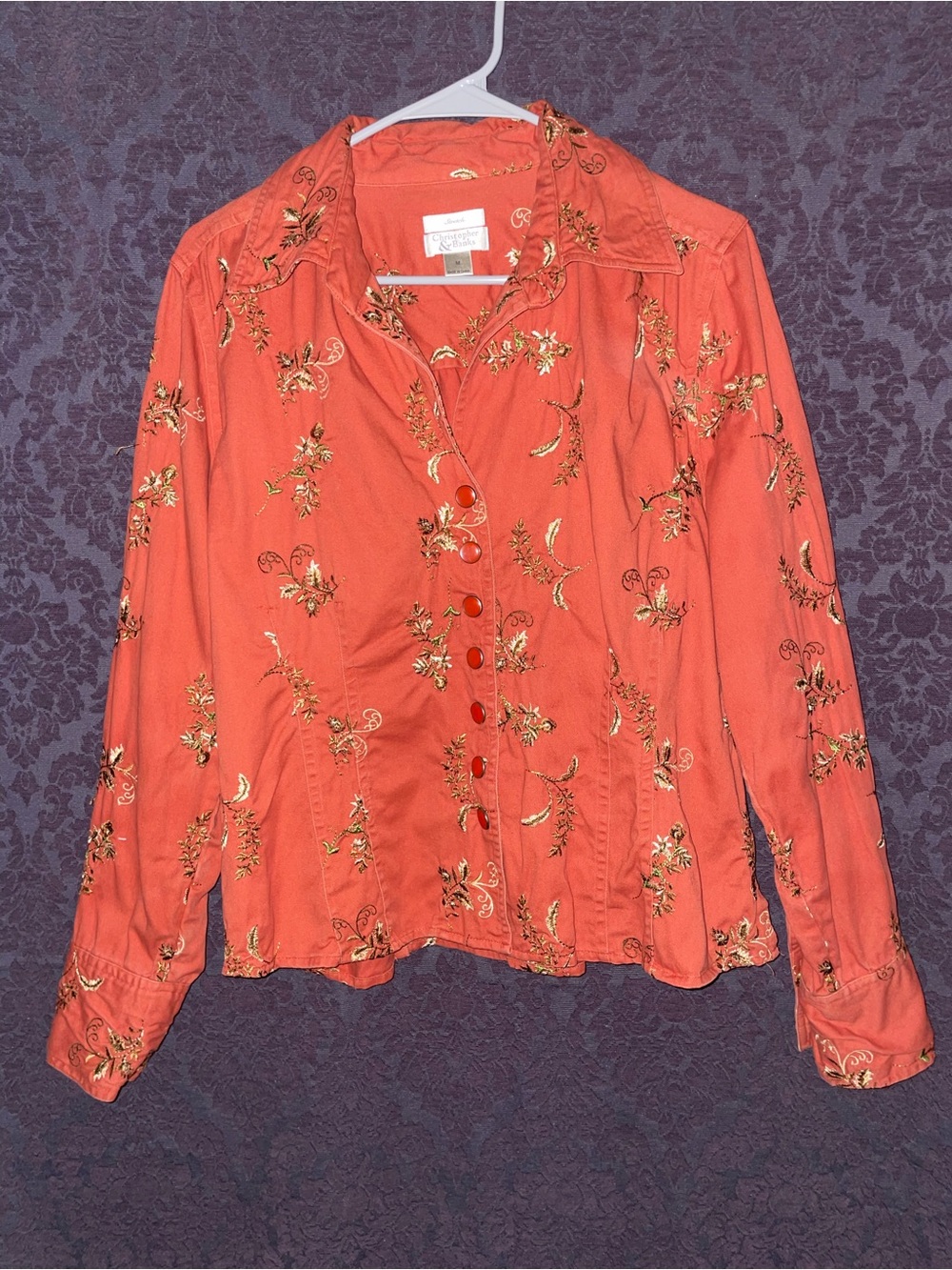Christopher & Banks Orange Embroidered Button-Front Shirt